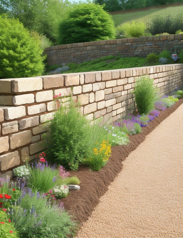 UK style retaining wall supporting a landscaped garden slope