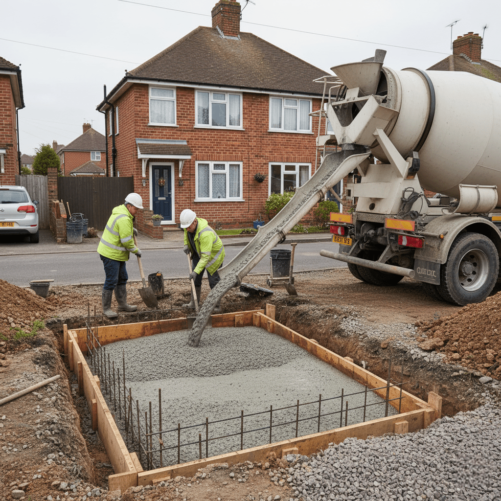 Foundation construction with steel reinforcement and concrete pour for an extension