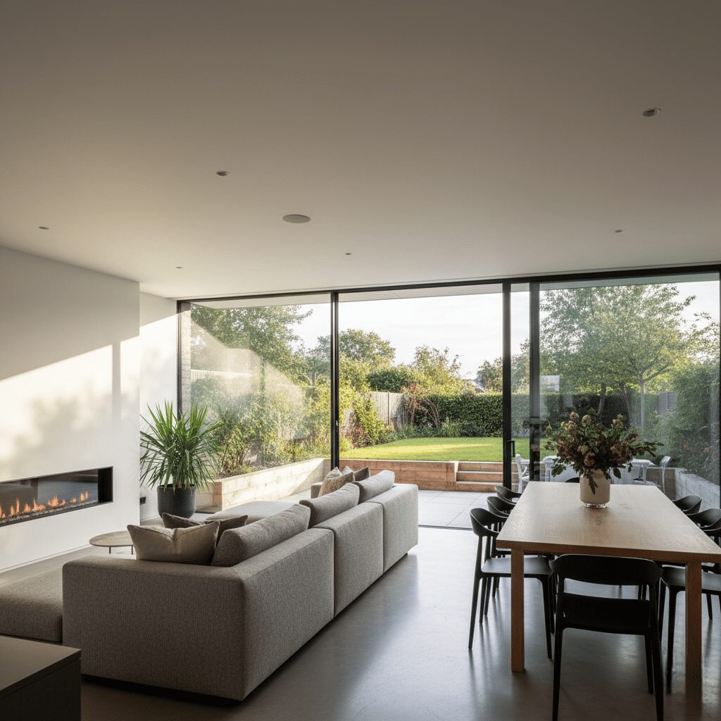 open-plan living area Didsbury extension with glass doors to garden