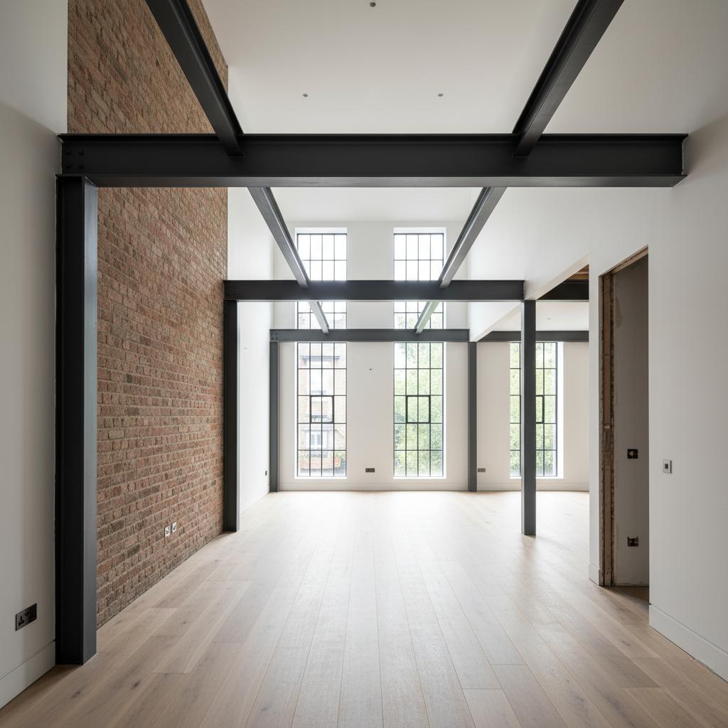 Structural remodel with exposed steel beams, Hampstead, London