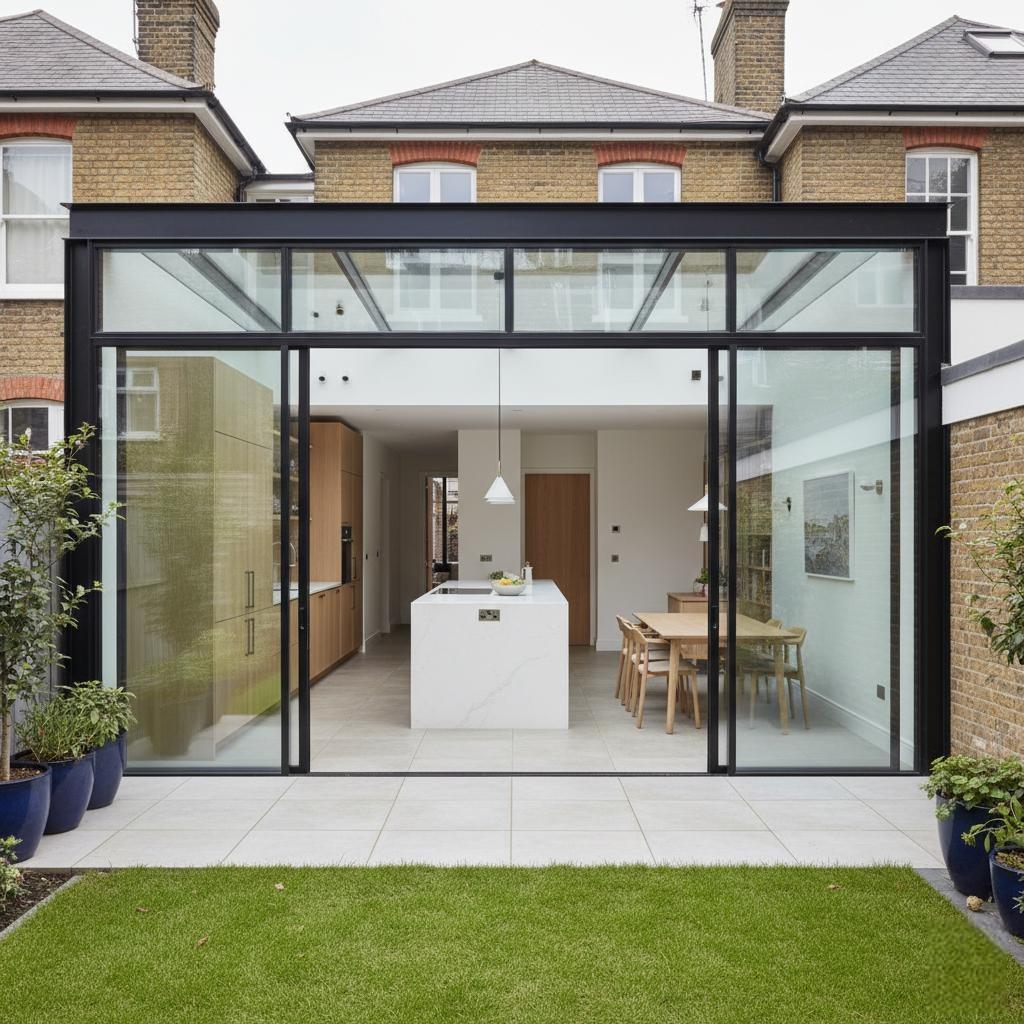 Kitchen extension with steel frame and glass walls, Chiswick, London